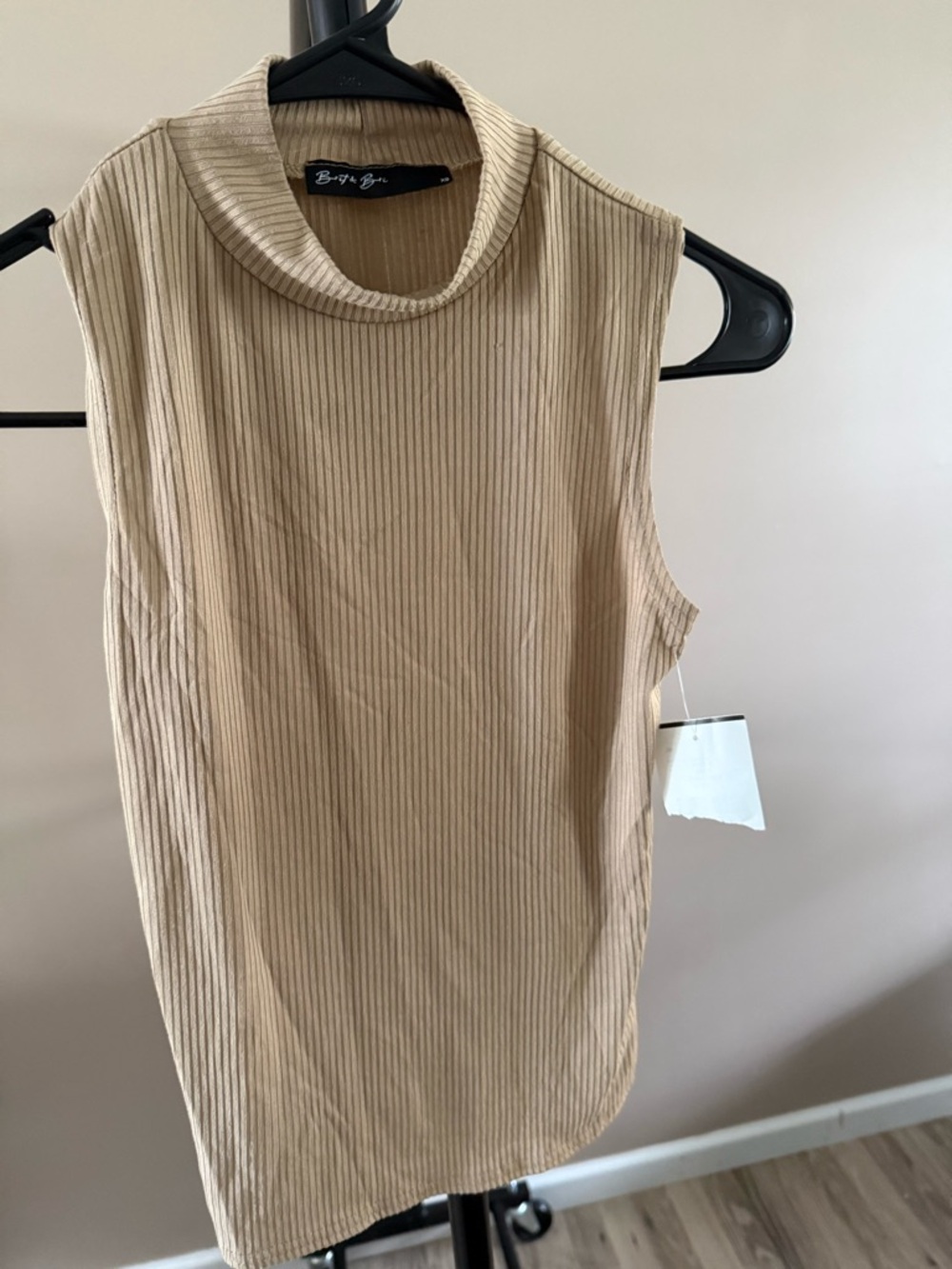 Sleeveless Ribbed Mock Neck crop in Tan by Bay & Bee